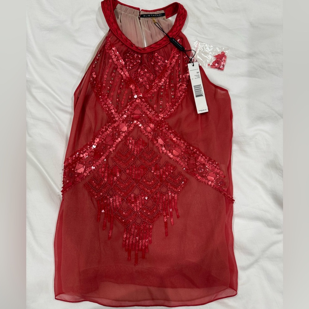 NWT Vintage Elie Tahari Silk Beaded Red Sleeveless Top
